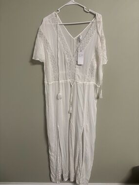 Off White Crinkle Viscose Gold Details Beach Jumpsuit Cover Up Size XL New Goa